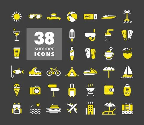 Summer vector flat icons set. Summertime sign Stock Illustration