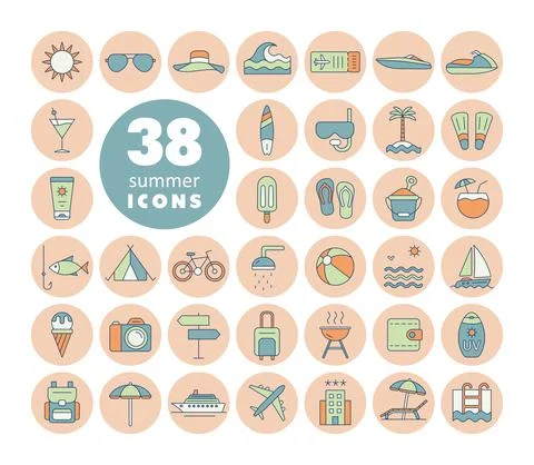 Summer vector flat icons set. Summertime sign Stock Illustration