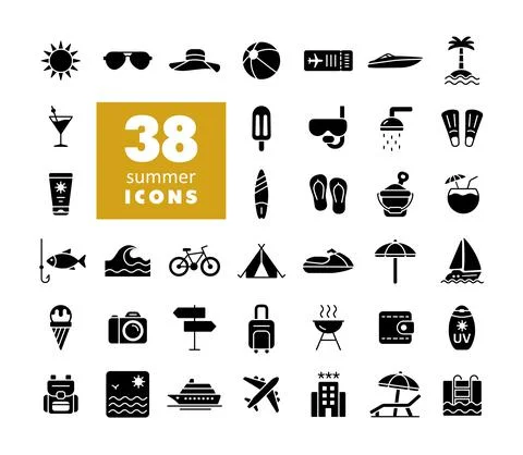 Summer vector glyph icons set. Summertime sign Stock Illustration