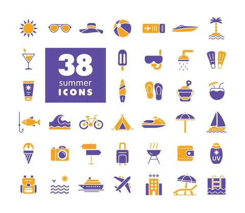 Summer vector glyph icons set. Summertime sign Stock Illustration