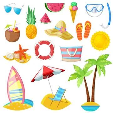Summer vector icons and design elements isolated on white background. Travel, Stock Illustration