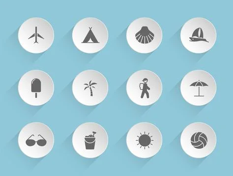 Summer vector icons on round puffy paper circles Stock Illustration