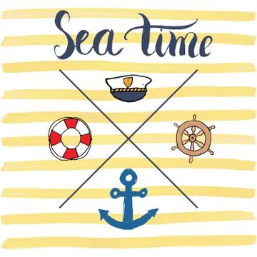 Summer Vector Illustration, Anchor, Navy objects and Lettering. Stock Illustration