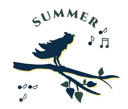 Summer, vector illustration, bird singing and sitting on a branch Stock Illustration