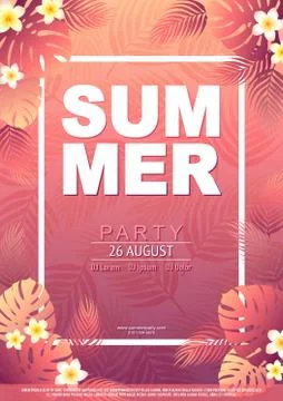 Summer vector illustration with colorful tropical monstera and palm tree leav Stock Illustration