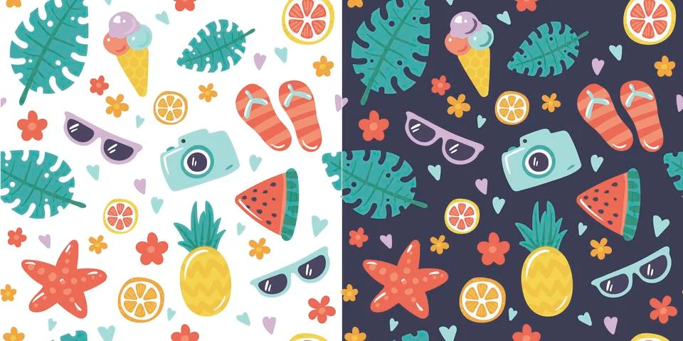 Summer vector illustration seamless pattern with cute colorful icons. Stock Illustration