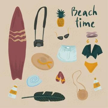 Summer vector objects set. Hand drawn illustration. Surfing, beach Stock Illustration
