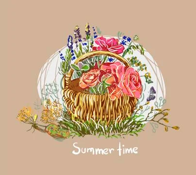 Summer vector paint style design flower colorful basket Stock Illustration