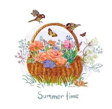 Summer vector paint style design flower colorful basket Stock Illustration