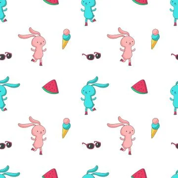 Summer vector seamless pattern with cute bunny Stock Illustration