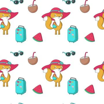 Summer vector seamless pattern with funny fox Stock Illustration