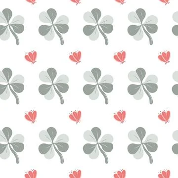 Summer vector seamless pattern with green trefoil leaves, red flower buds, is Stock Illustration