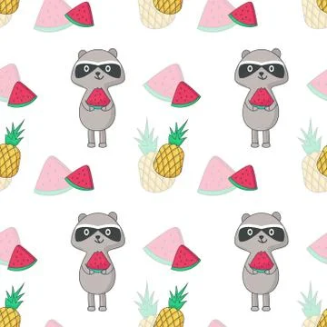 Summer vector seamless pattern with raccoon Stock Illustration