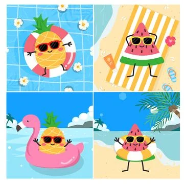 Summer vector set design. Vertical social media summer. fruit sand beach Stock Illustration