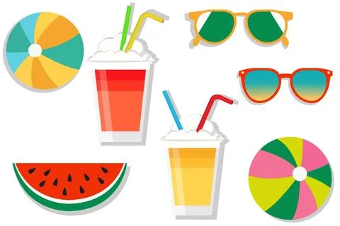 Summer vector set of watermelon slice, drinks, sunglasses, beach balls, iso.. 스톡 일러스트