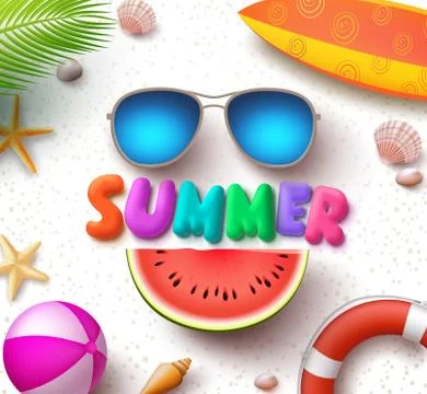 Summer vector text in white sand background with colorful sunglasses Stock Illustration
