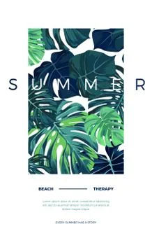 Summer vector tropical design with green monstera palm leaves. Space for text. Illustrazione stock