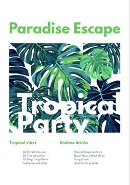 Summer vector tropical party flyer design with green monstera palm leaves. Space Illustrazione stock