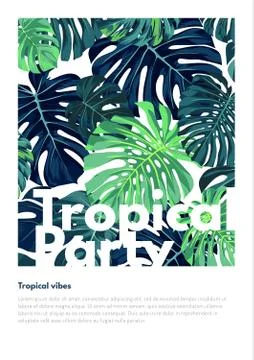 Summer vector tropical party flyer design with green monstera palm leaves. Space Stock Illustration