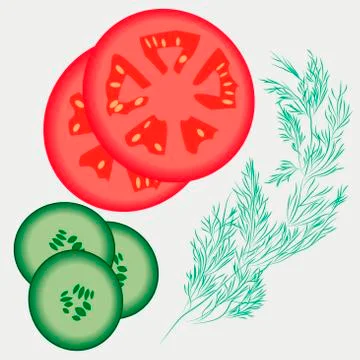 Summer vegetable set of tomatoes, cucumbers and herbs. Healthy diet. Vector Stock Illustration