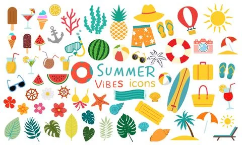 Summer vibe icon set. Set of cute vector illustrations: logo, watermelon, r.. Stock Illustration