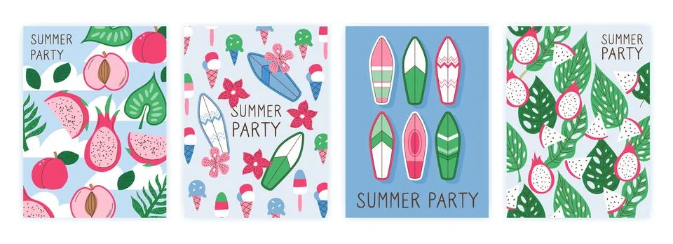 Summer vibe pattern. Surfboard, dragon fruit and tropical leaves, sea shell Stock Illustration
