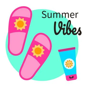 Summer vibes. Beach flip-flops and sunscreen. Vector illustration in flat style Illustrazione stock
