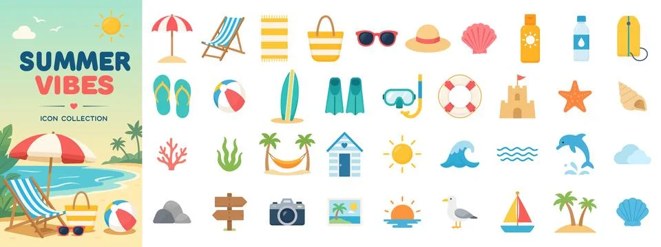 Summer Vibes Collection of Beach Elements Gear and Accessories Illustrazione stock