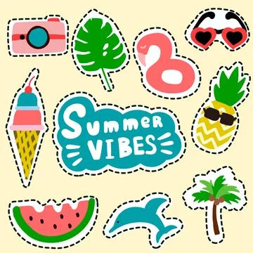 Summer vibes sticker collection. Vector summer cute elements 스톡 일러스트