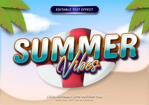 Summer vibes text effects template with beach background. Suitable for logos, Stock Illustration
