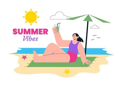 Summer Vibes Vector Illustration Featuring Tropical Beach Vacation, Surfing.. イラスト素材