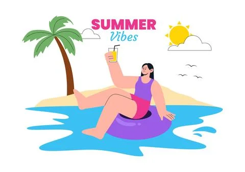 Summer Vibes Vector Illustration Featuring Tropical Beach Vacation, Surfing.. イラスト素材