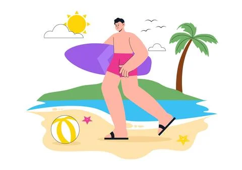 Summer Vibes Vector Illustration Featuring Tropical Beach Vacation, Surfing.. イラスト素材