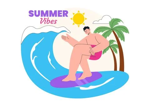 Summer Vibes Vector Illustration Featuring Tropical Beach Vacation, Surfing.. イラスト素材