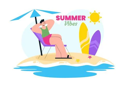 Summer Vibes Vector Illustration Featuring Tropical Beach Vacation, Surfing.. イラスト素材
