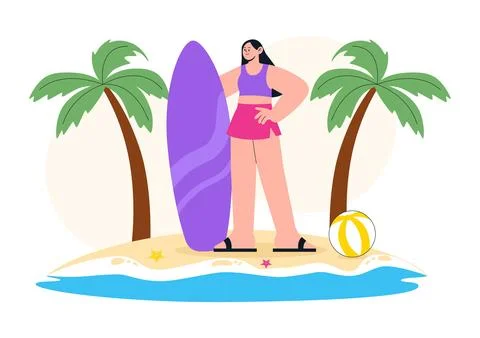 Summer Vibes Vector Illustration Featuring Tropical Beach Vacation, Surfing.. イラスト素材