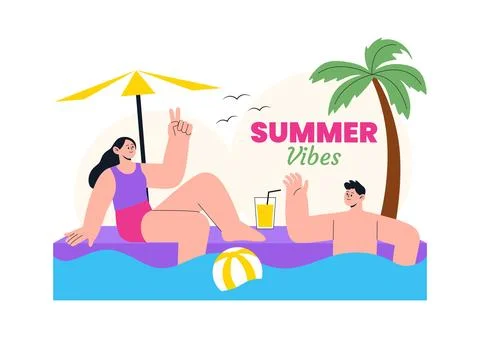 Summer Vibes Vector Illustration Featuring Tropical Beach Vacation, Surfing.. Illustrazione stock