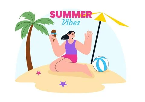 Summer Vibes Vector Illustration Featuring Tropical Beach Vacation, Surfing.. Illustrazione stock