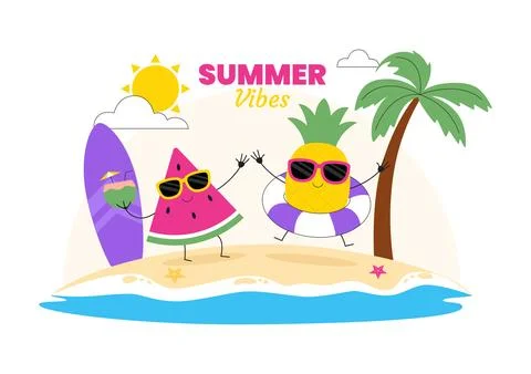 Summer Vibes Vector Illustration Featuring Tropical Beach Vacation, Surfing.. イラスト素材
