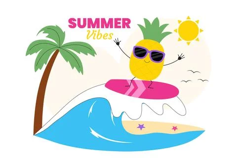 Summer Vibes Vector Illustration Featuring Tropical Beach Vacation, Surfing.. Illustrazione stock