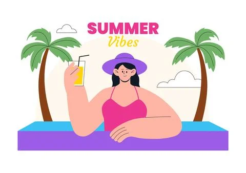 Summer Vibes Vector Illustration Featuring Tropical Beach Vacation, Surfing.. Illustrazione stock