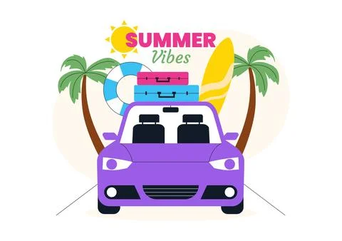 Summer Vibes Vector Illustration Featuring Tropical Beach Vacation, Surfing.. イラスト素材