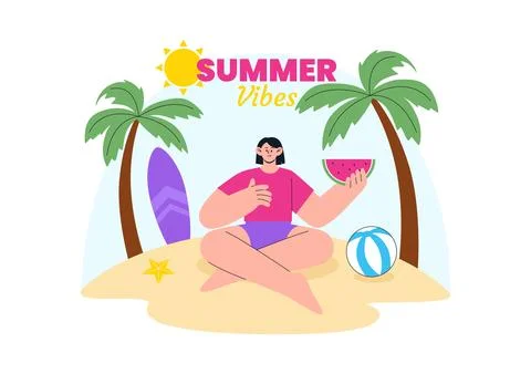 Summer Vibes Vector Illustration Featuring Tropical Beach Vacation, Surfing.. Illustrazione stock
