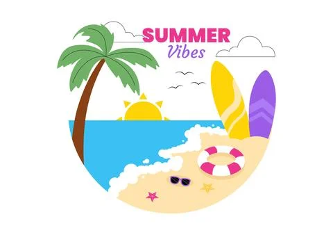 Summer Vibes Vector Illustration Featuring Tropical Beach Vacation, Surfing.. イラスト素材
