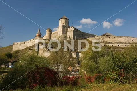 Summer view to castle in Kamianets-Podilskyi Stock Photos