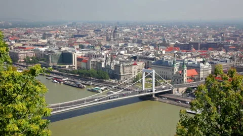 Summer view of Elisabeth Bridge across Danube, Budapest Stock Footage 61740359