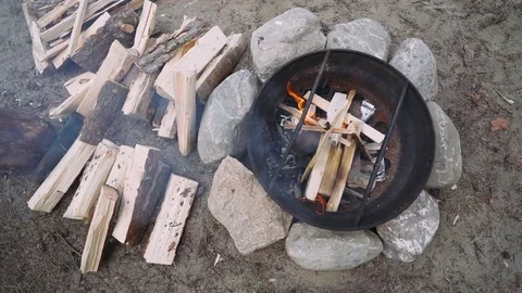 Summer, view of fireplace and BBQ, fire and smoke. Stock Footage