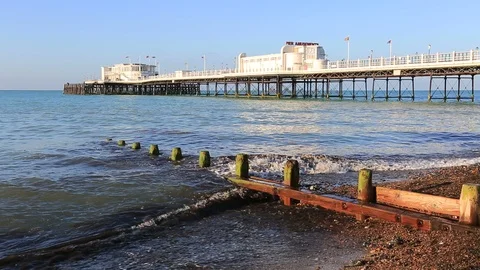 Summer view over the Victorian Pier, Worthing town, West Sussex Stock Footage 103221622
