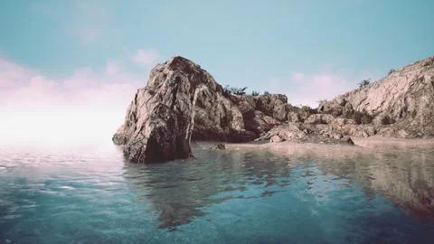 Summer view of sea caves and rock cliffs Stock Illustration