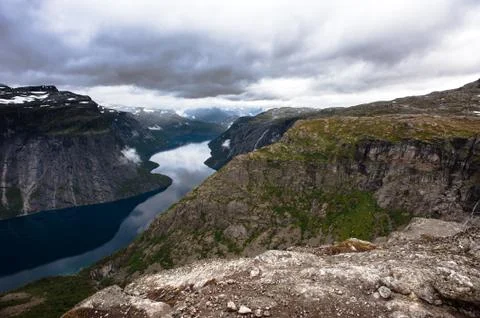 The summer view of trolltunga in odda, ringedalsvatnet lake, norway Stock Photos